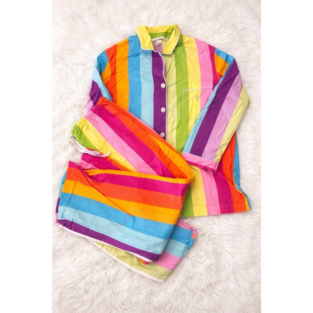 Y2K Victoria Secret After Party Flannel Rainbow Stripe Cotton PJ Set M Rare!